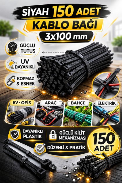 Siyah 150 Adet Kablo Bağı 3x100 mm – Güçlü Tutuş Cırt Kelepçe Plastik Kelepçe