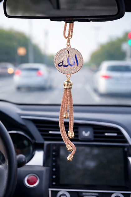 Allah Muhammed Written Stone Gold Blue Premium Rearview Mirror Ornament Special Collection