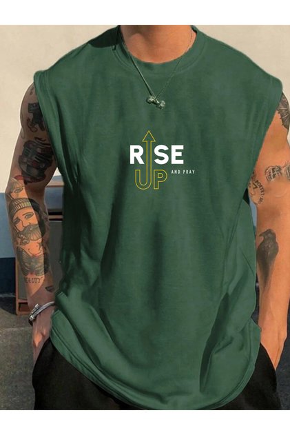 تي شيرت RISE UP SLOGAN مطبوع للرجال بدون أكمام ملابس رياضية كبيرة الحجم