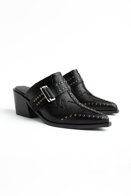 Black Matte Leather Stud Detail Closed Front Open Back Heeled Western Cowboy Mules Slipper