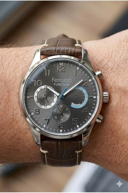 Modern Kasa Men's Wristwatch | 44mm Steel Case, Dark Brown Leather Strap, Gray Dial