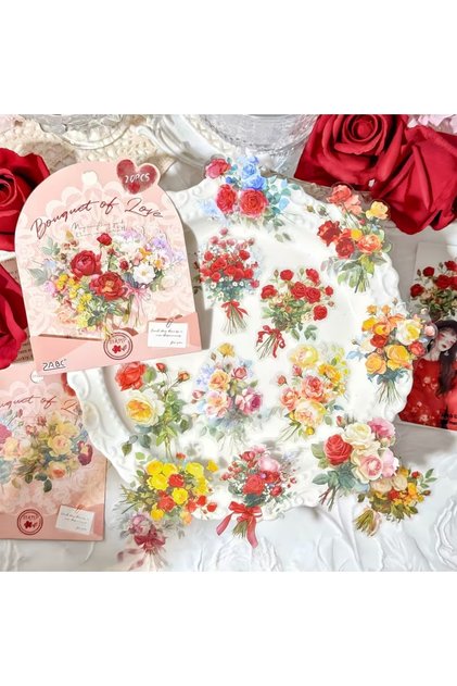 20 Pcs Transparent Flower Sticker Set Bullet Journal Scrapbook Laptop Agenda Red Bouquet