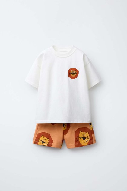Unisex Kids' Cotton Piece White Lion Themed T-Shirt Shorts Set - Patterned Summer Set of 2