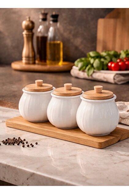 Pembelia Life 3'lü Bambu Standlı Porselen Baharatlık Set Baharat