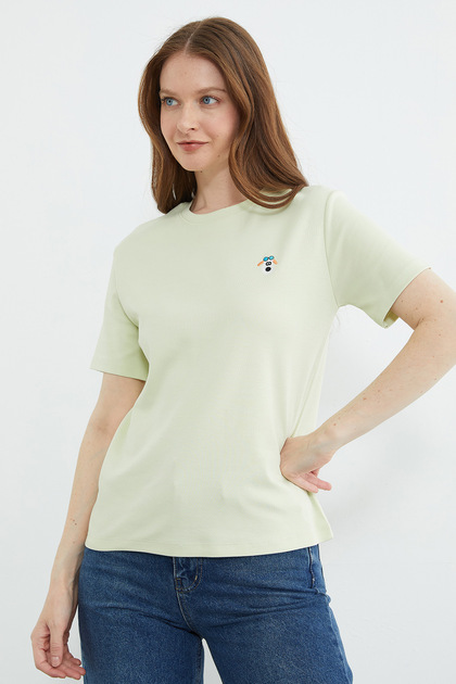 Dog Embroidered Crew Neck T-Shirt