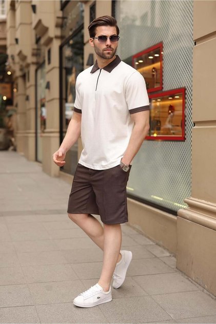 Ecru 100% Baumwolle Polokragen-Shorts-T-Shirt-Set E7358