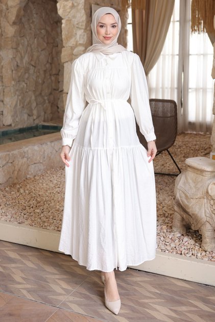 White Skirted Buttoned Dress