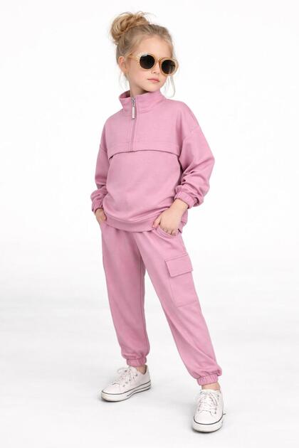 Girl's Half Zippered Pocket Piece Tracksuit Set – Comfortable and Stylish Combination 02081Gk