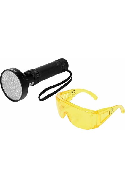 Set lanterna UV si ochelari de protectie YT-08582, Aluminiu, 100 LED-uri, 19.5 x 7.8 cm, Negru/Galbe