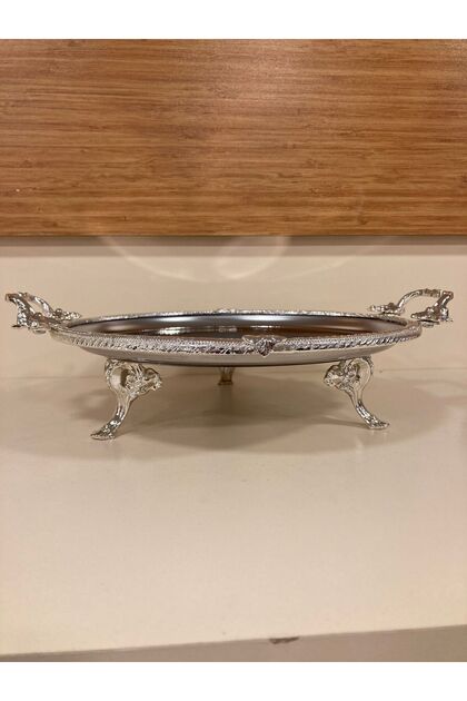 Presentation Plate Round with Handle and Stand Medium Size 25 cm Casted Edge Frame Silver Stainless Steel