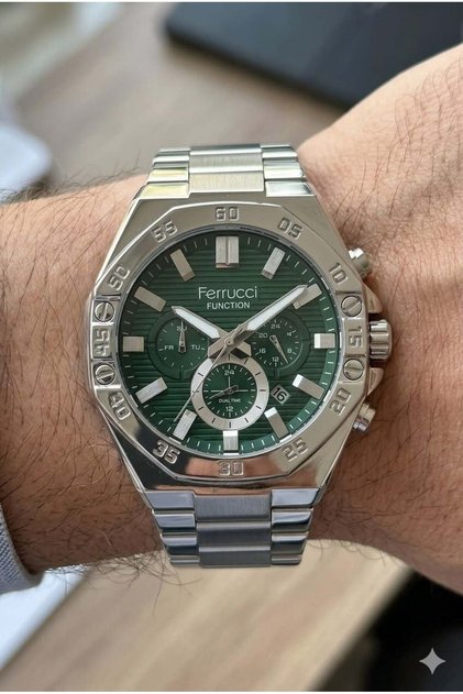 Modern Tasarım Erkek Kol Saati | 45 mm Çelik Kasa, Gümüş Metal Kordon, Yeşil Kadran
