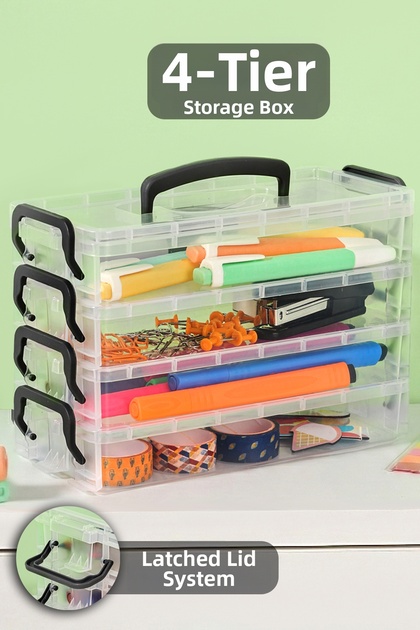 4-Tier Organizer Storage Box - Transparent Multi-Purpose Desktop Organizer Box with Locking Lid