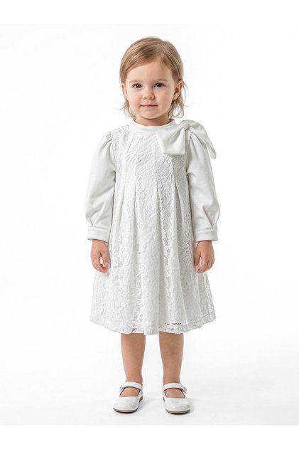 Bundled Floral Openwork Gathered Stand Collar A-Line Patterned Girl's Dress 2-6 Years 10043