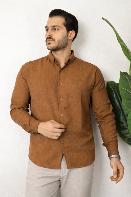 Erkek Kahverengi Sofya Keten Oversize Uzun Kol Gömlek