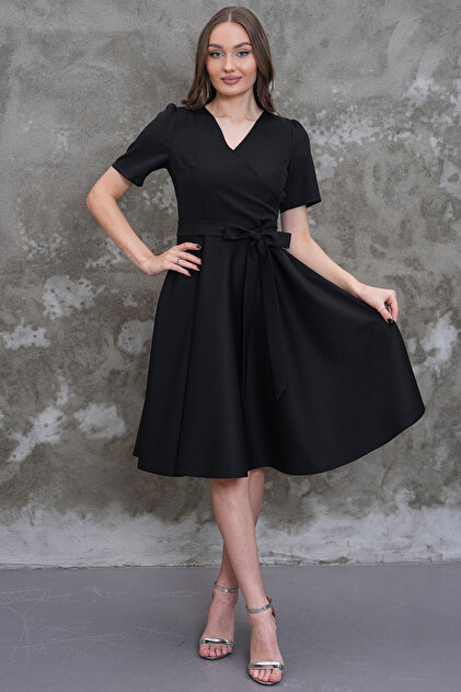 midi black graduation dress with sleeves MAG FASHON Black Evening Dress Graduation Dress V-Neck Dress with Pockets  Three Quarter Sleeves Midi Length Dress Flared Skirt Dress- Trendyol