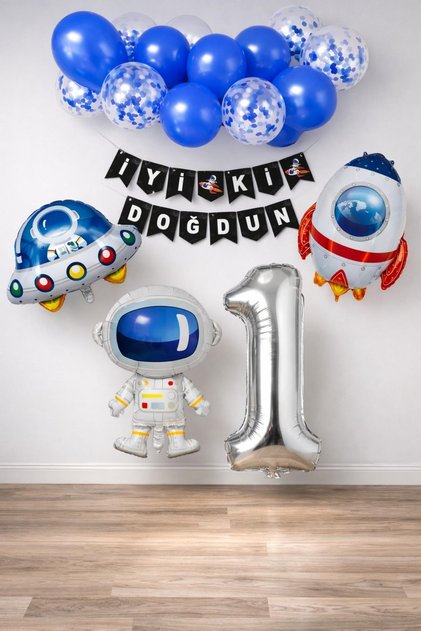 Uzay Konsepti 1 Yaş Doğum Günü Parti Kutlama Seti; Astronot, Ufo Ve Uzay Gemisi Folyo Balon Set