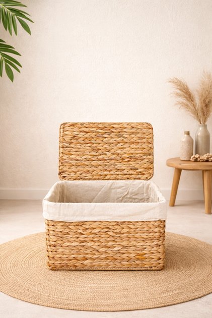 Hasır Su Sümbülü Kapaklı Sandık Model 40,5x27x27cm Düzenleyici/Organizer/Çamaşır Sepeti