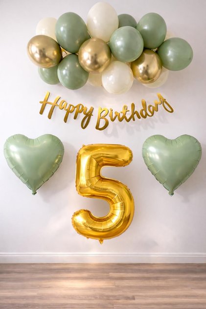 Adaçayı Concept 5Th Birthday Set; Mold Green-Chrome Gold-Sea Sand and Sage Heart Foil Balloon