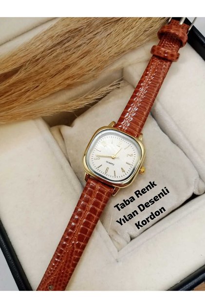 Livia Model Special Design Vintage Women's Wristwatch, Tan Color Snake Pattern Strap, Gold Color Case, White Color Dial