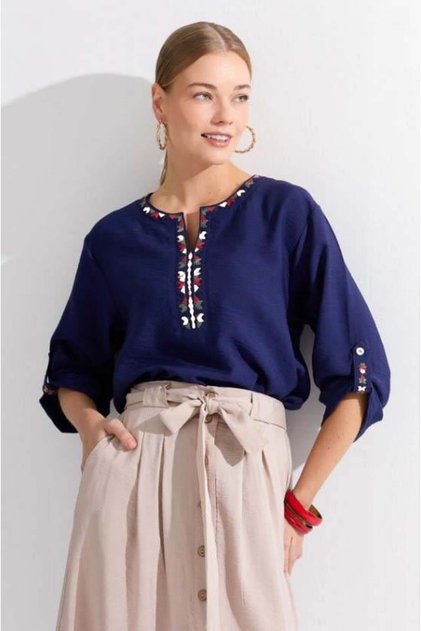 Women's Open Collar Collar Ethnic Embroidered Shirt Navy Blue