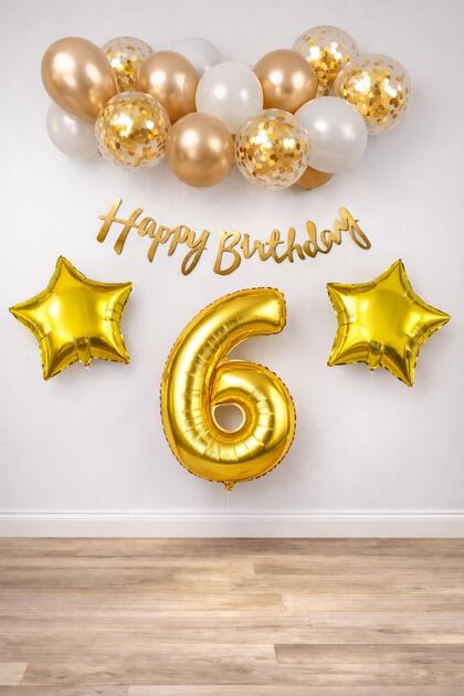 Gold Concept 6Th Birthday Celebration Set; White Gold Confetti Balloon, Number Star Foil and Banner