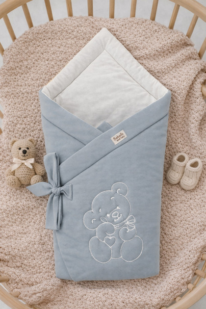 Gray 100% Cotton Special Fabric Baby Swaddle Blanket – Embroidery Detailed, Hospital Release & Newborn