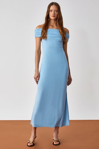 Ankala Women Regular Short Sleeve Carmen Collar Blue Dress