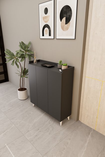 İliana 3 Kapaklı 4 Raflı Çok Amaçlı Dolap, Banyo Dolabı, Mutfak Dolabı Antrasit