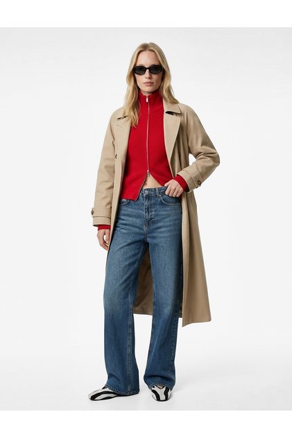 Regular Waist Pocketed Buttoned Straight Leg Loose Fit Denim Trousers - Baggy Jean
