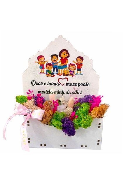 Aranjament floral cadou pentru Educatoare si Invatatoare,lagurus si trandafir roz criogenat, licheni