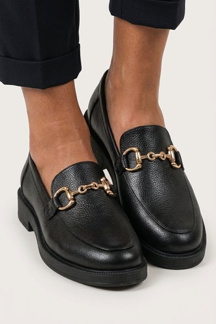 Printed Genuine Black Leather Buckled Women's Loafers Real Inside and Out Leather Buckled L Loafers Shoes