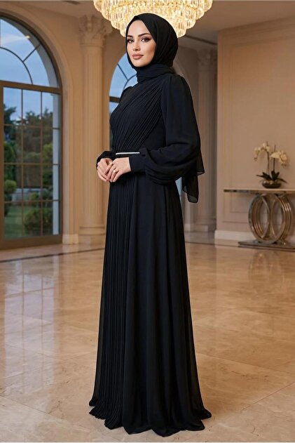 TRENDTESETTÜR KADIN SİYAH DRAPE DETAYLI ABİYE ELBİSE T 9363