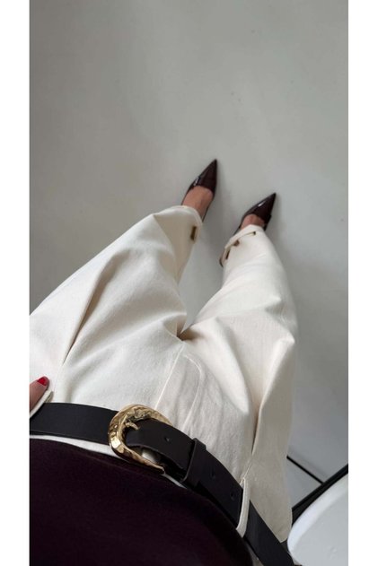 Cream Belt Pack Stretch Fabric Pants