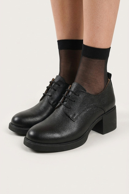 Black Printed Leather Women's Shoes with Laces and Heels Daily Real Leather Medium Heel Women's Shoes