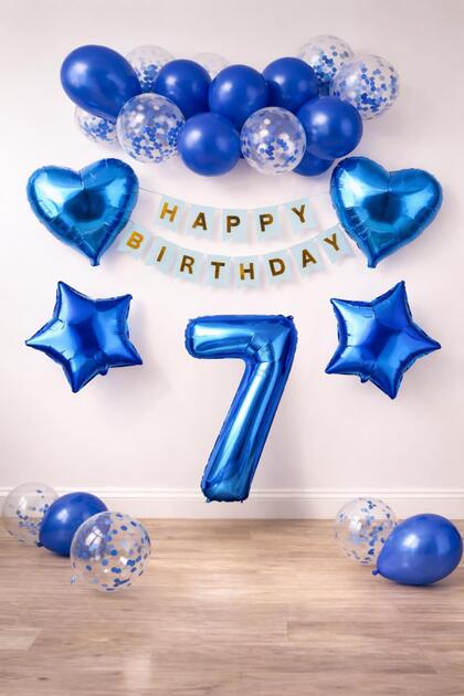 7 Years Old Blue Concept Birthday Set; Heart Star Foil Balloon Set