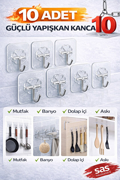 10’lu Şeffaf Yapışkanlı Duvar Askısı, Kendinden Yapışkanlı Güçlü Kanca, Mutfak & Banyo Sticker