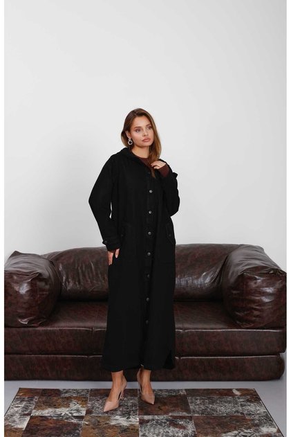 6329-Denim Kapşonlu kap Siyah