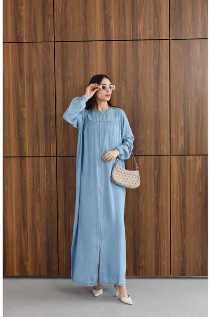 6470-Denim Fermuarlı Ferace Mavi