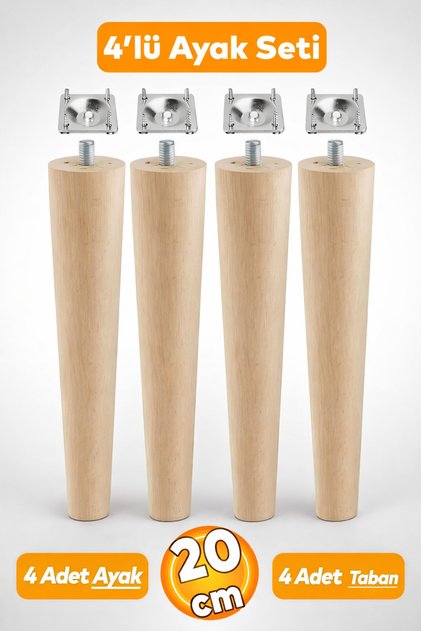 Ahşap (20 CM) Sehpa Konsol Puf Tv Ünitesi Ayağı Ayakları M8 Civatalı Bağlantı Aparatlı 4'lü Set