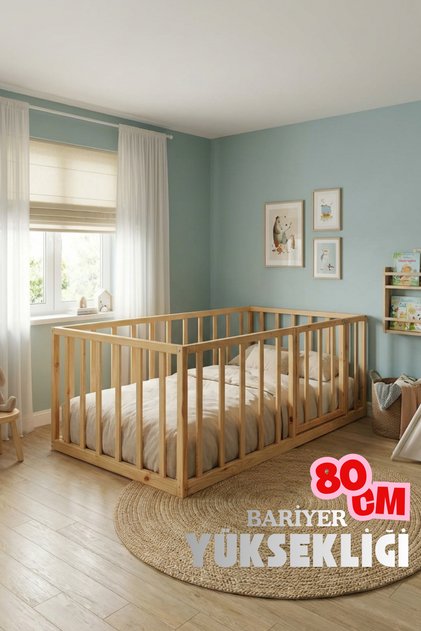 Cosmo 80 cm Bariyerli Montessori Bebek ve Çocuk Karyolası Unisex Kapılı Ahşap Park Yatak