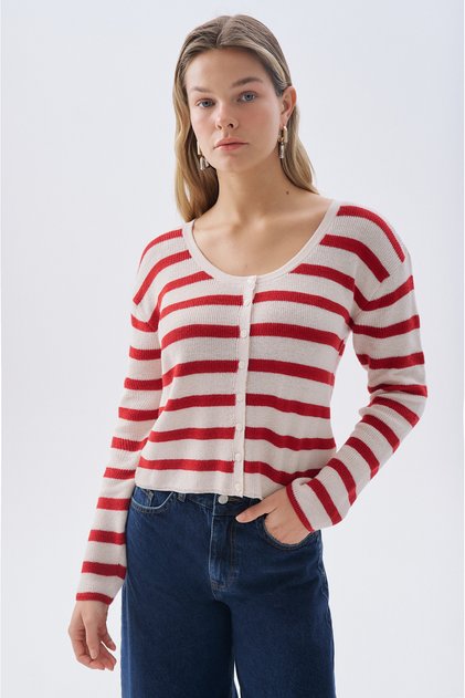 Women's Red Striped Open Collar Cardigan