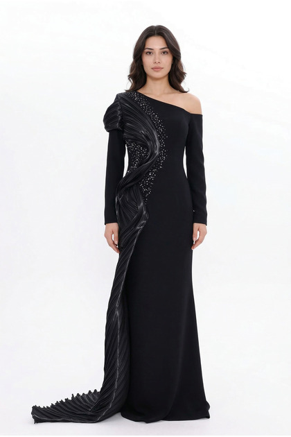 Tek Kol Pilise Organze Drape Taş İşlemeli Premium Abiye Elbise