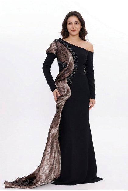 Tek Kol Pilise Organze Drape Taş İşlemeli Premium Abiye Elbise