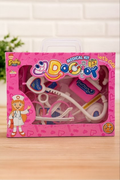Çantalı Oyuncak Doktor Seti Tedavi Ekipmanı 11 Parça gözlük Steteskop Kartlık Enjektör 18x24cm