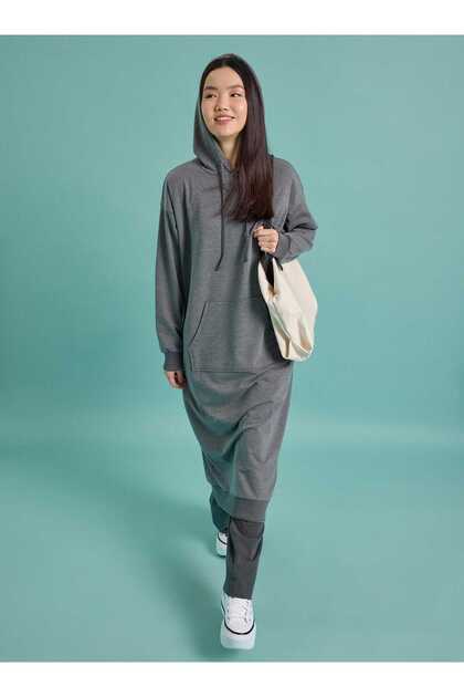 Kangaroo Pocket Hooded Long Sweatshirt - Gray Melange -