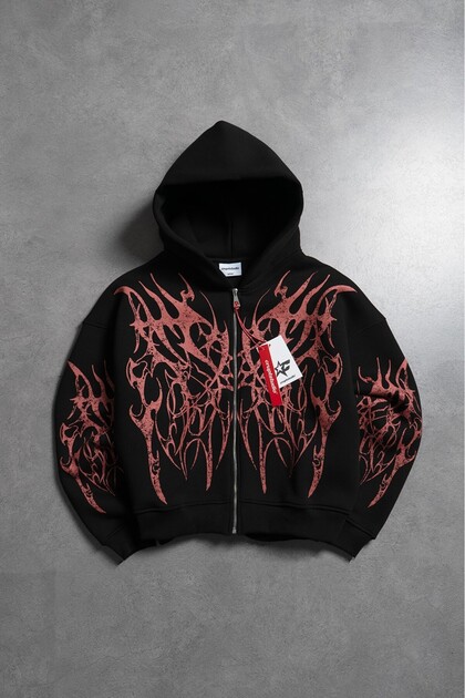Crupt Studio Inferno Spikes Red Boxy Crop Siyah Erkek Ceket Zip