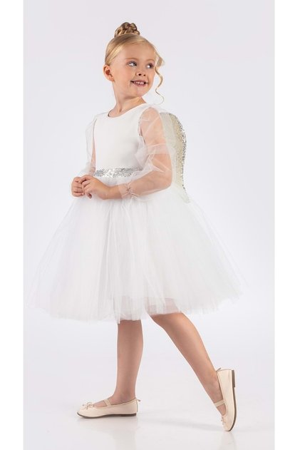 Winged Girl's Chiffon Sleeve Evening Dress Mnk0534 White