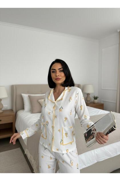 Çiçek Baskılı Örme Uzun Kol Kadın Pijama Takım