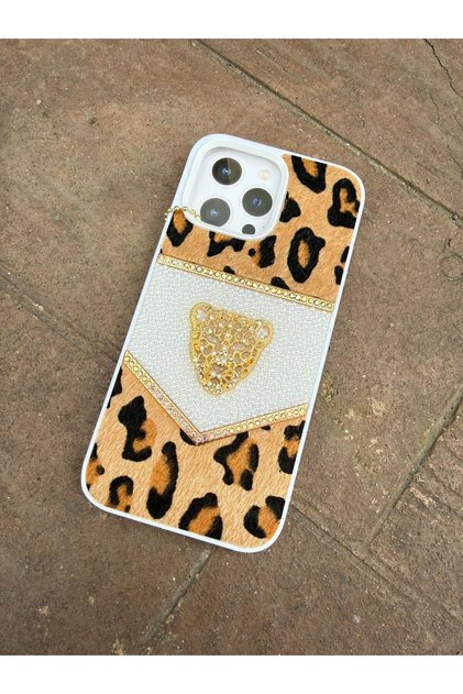 iPhone 13 Pro Max White Color L Leopard Printed Stone-Flocked Premium Case