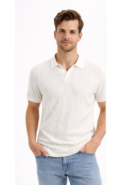 Men's Polo Neck Patterned Knitwear T-Shirt 34215 Ecru